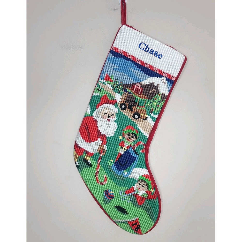 LL Bean Needlepoint Red Christmas Stocking Santa Elves Embroidered Chase
